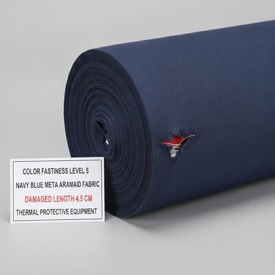 Tessuto in meta aramide blu navy livello 5 di solidità del colore che offre una lunghezza danneggiata di 4,5 cm progettato per dispositivi di protezione termica