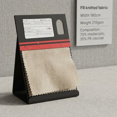 Tessuto a maglia ignifugo, larghezza 180 cm, peso 215 g/m² con 70% modacrilico e 30% viscosa ignifuga per applicazioni ignifughe